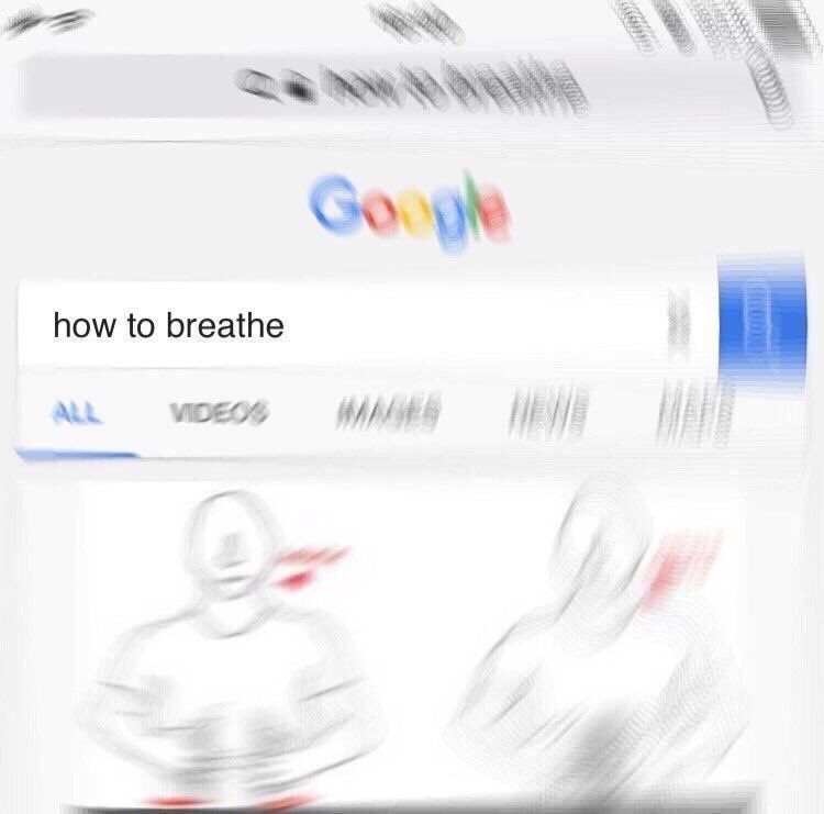 Meme: "how to breathe" entered into Google search bar. It shows an insge of someone inhaling and exhaling, but the screen is blurred like the person who looked it up in the search bar is throwing their phone or something