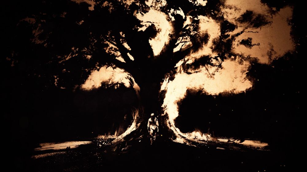 Still frame from an animation shown right at the start of Ghost of Yotei, Atsu standing in front of a tree