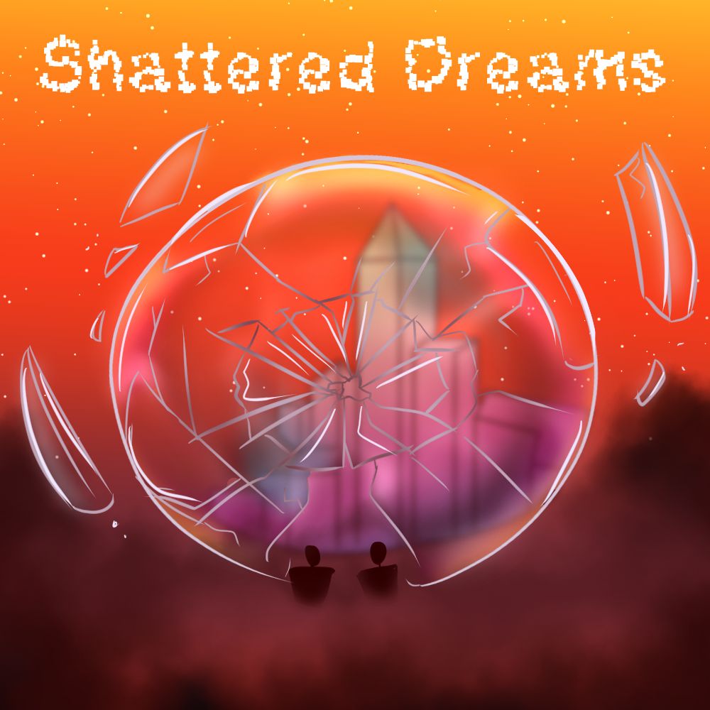 Two humanoid figures standing in a red/grey fog looking up at a pink and blue city inside of a shattering iridescent glass bubble. The sky looks like a starry sunset as it leads up to the title written in fractured text "Shattered Dreams"