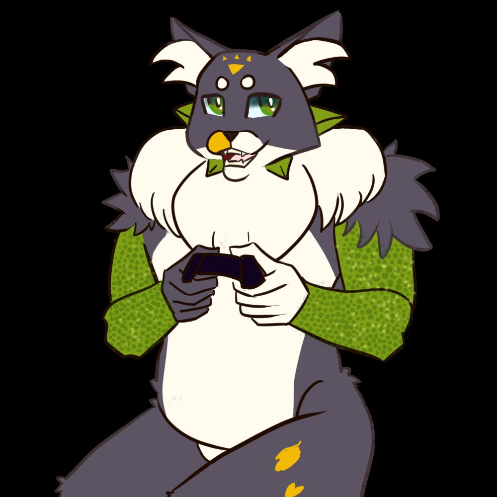 Art of an anthropomorphic Calico cat and Ankylosaurus Hybrid with green horns on his face and green scales on his arms 