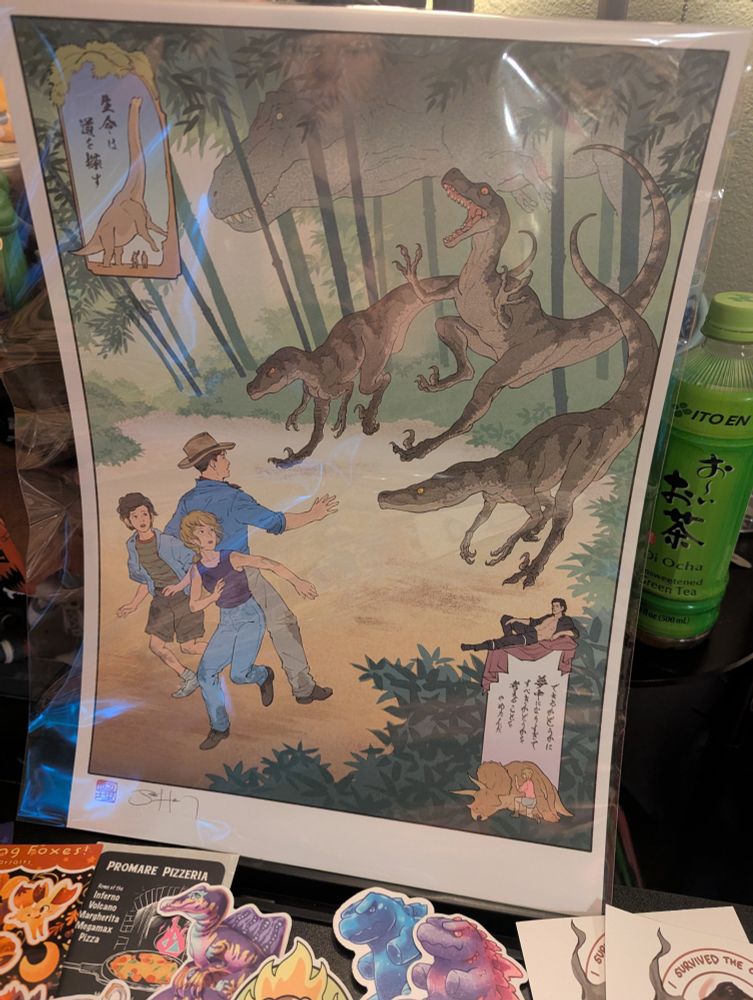 Photo of a Jurassic Park fanart print done in a traditional Japanese ukiyo-e style