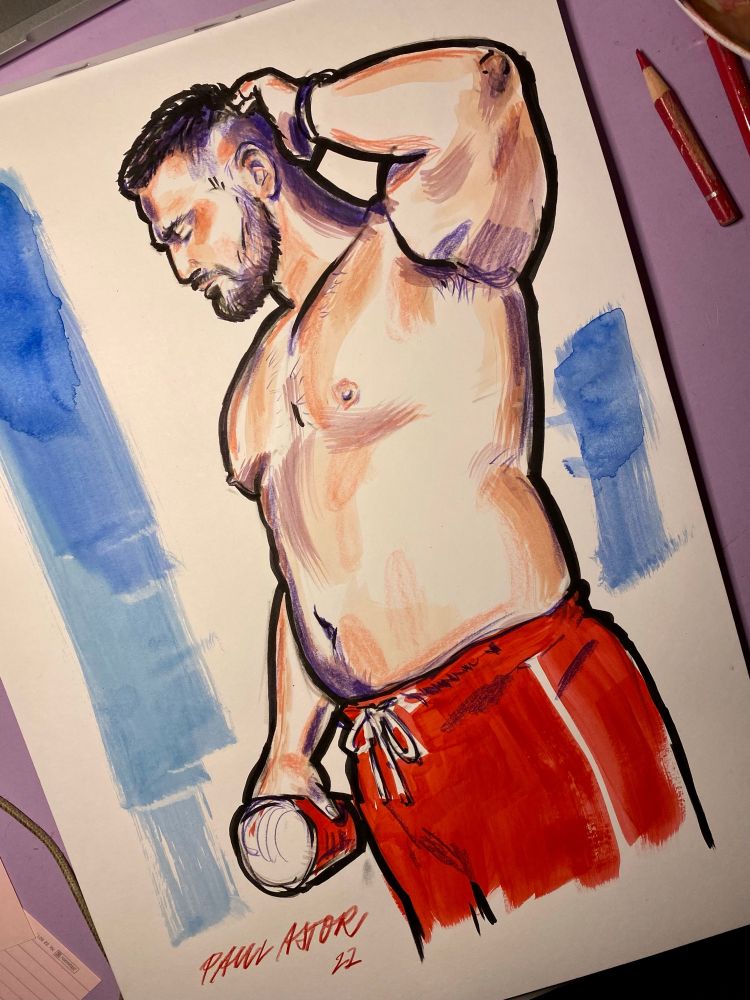 Pencil and ink drawing of a bearded gay man, shirtless and in red athletic shorts. He’s holding a cup in his right hand by his side, and his left hand is up, behind his head. 
Art by: @paulastor.bsky.social

#gaymaleart #LGBTQart #malefigure #maleform  #figurativeart #eroticart