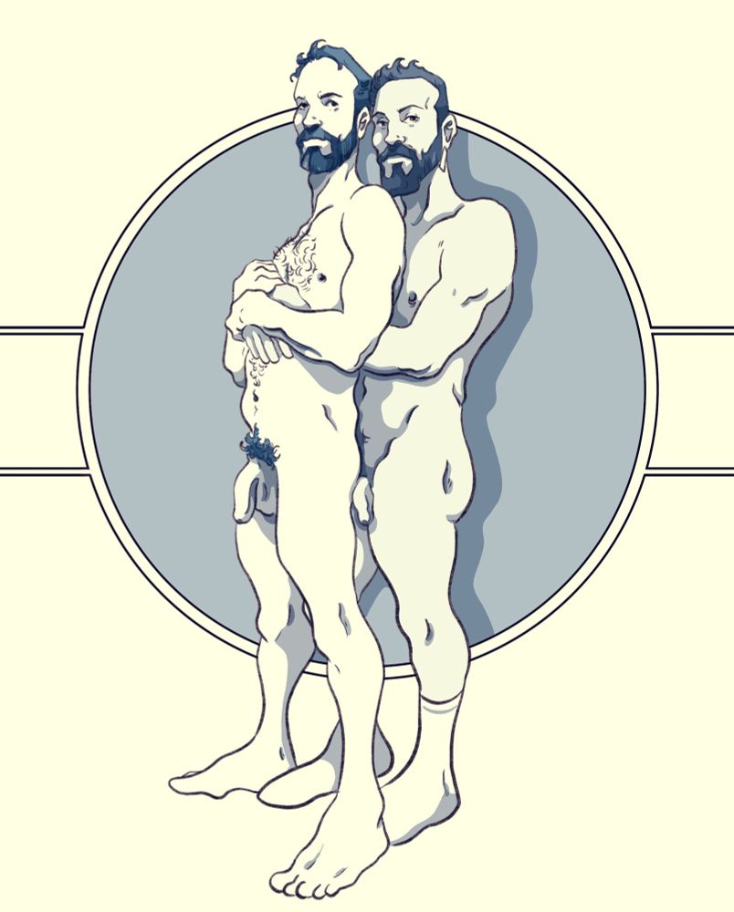 Digital drawing of two naked bearded gay men one standing behind the other with his arms wrapped around him. There’s a big blue circle framing them in the background. 
Art by: @mattydrawsmore.bsky.social

#gaymaleart #LGBTQart #malefigure #maleform  #figurativeart #eroticart