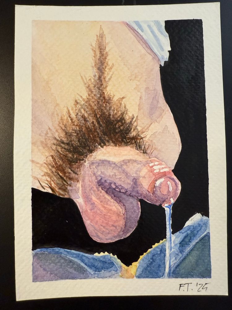 Watercolor painting of a dick leaking precum or piss. 
Art by: @fakethotdraws.bsky.social

#gaymaleart #LGBTQart #malefigure #maleform  #figurativeart #eroticart
