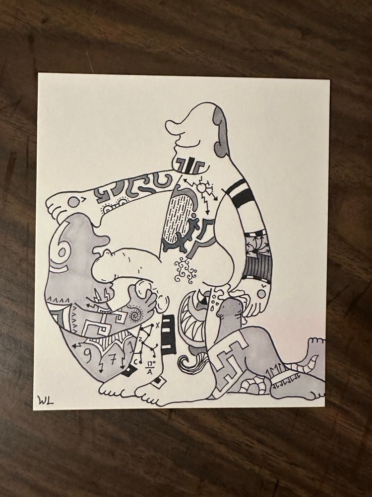 Black and white ink drawing of two cartooned male figures decorated with interesting markings; one is giving a blowjob to the other. 
Art by: @jammerssexdreams.bsky.social

#gaymaleart #LGBTQart #malefigure #maleform  #figurativeart #eroticart