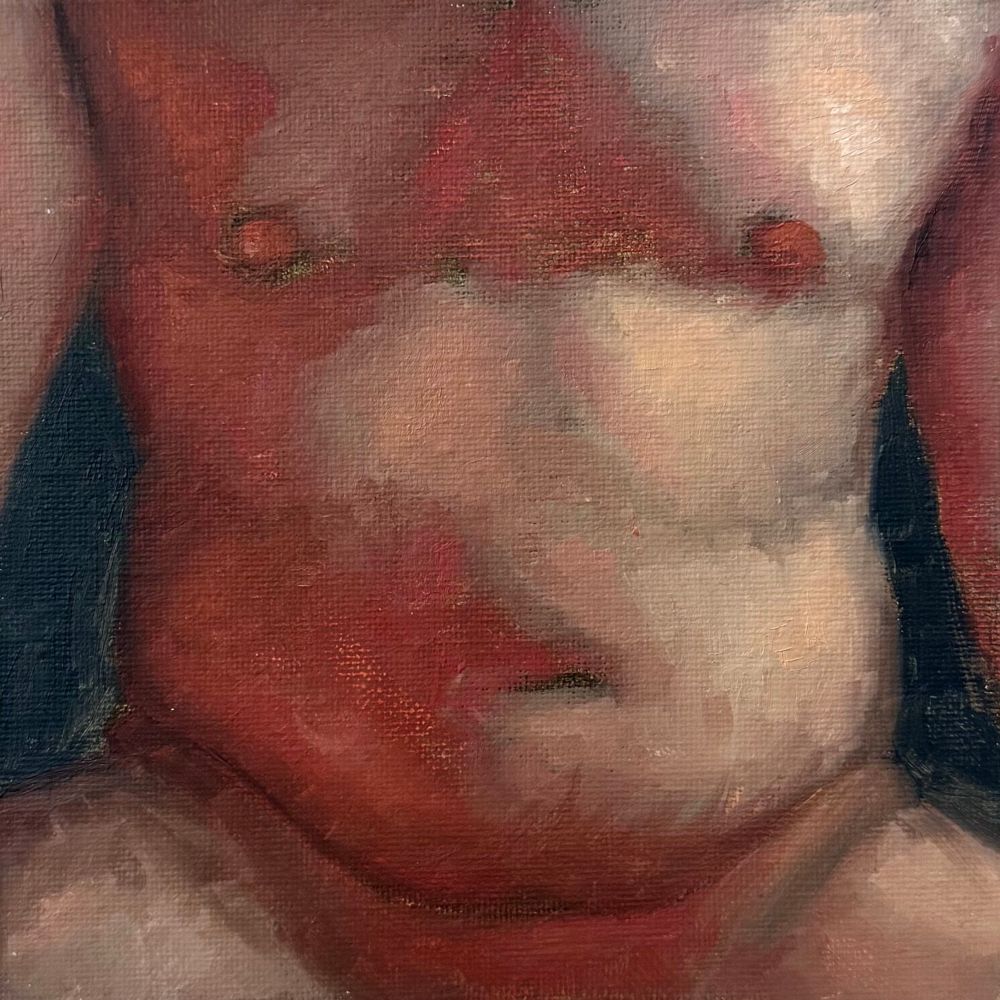 Oil painting closeup of a male torso. 
Art by: @bearwedgie.bsky.social

#gaymaleart #LGBTQart #malefigure #maleform  #figurativeart #eroticart