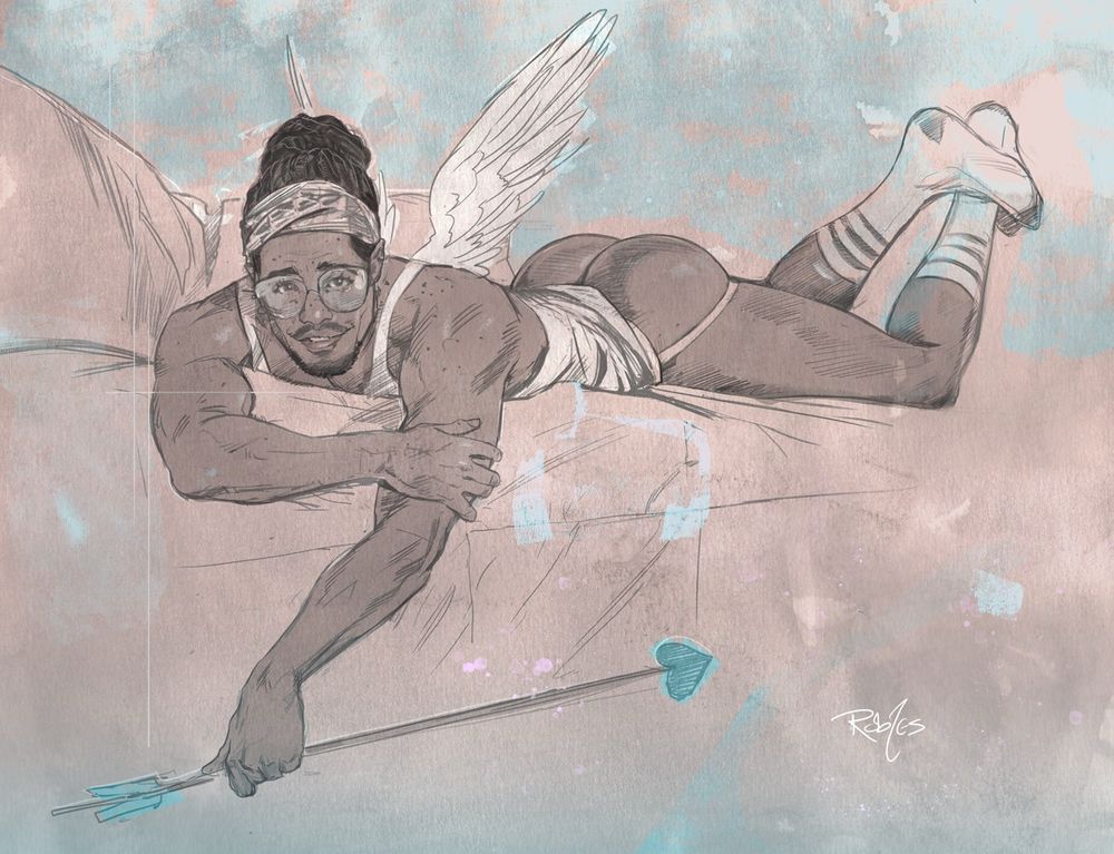 Drawing of a gay man in a jockstrap, tank top, and socks, laying on his stomach on a couch. He has angel wings and glasses and is holding a Cupid’s arrow down beside the couch. 
Art by: @artofnickrobles.bsky.social

#gaymaleart #LGBTQart #malefigure #maleform  #figurativeart #eroticart