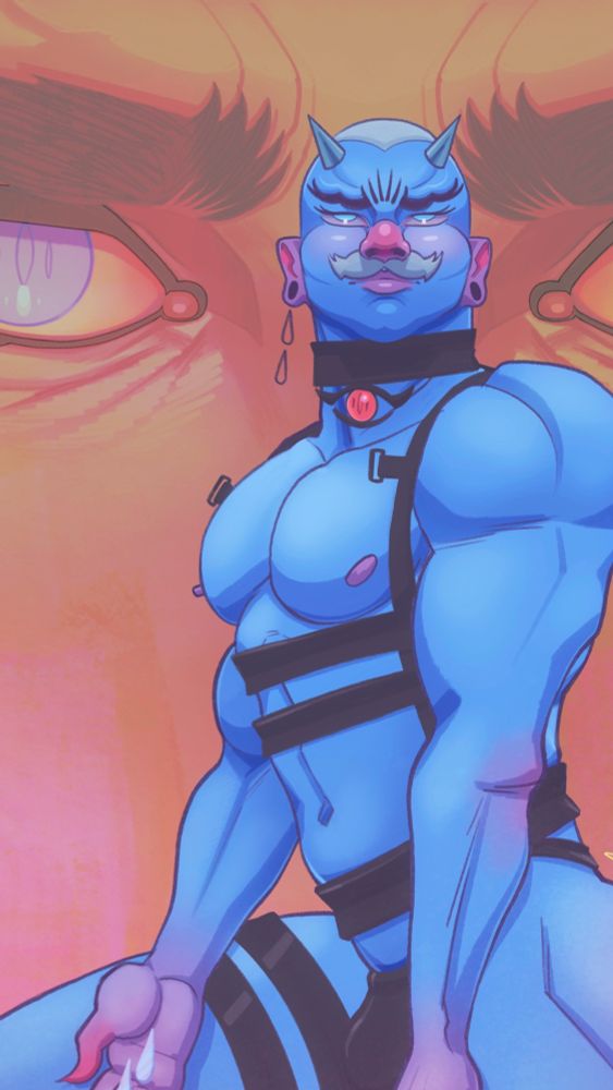 Digital drawing of a blue male figure in some kind of black bondage gear; a pair of eyes stare at the viewer from the background.
Art by: @sailesh.bsky.social

#gaymaleart #LGBTQart #malefigure #maleform  #figurativeart #eroticart