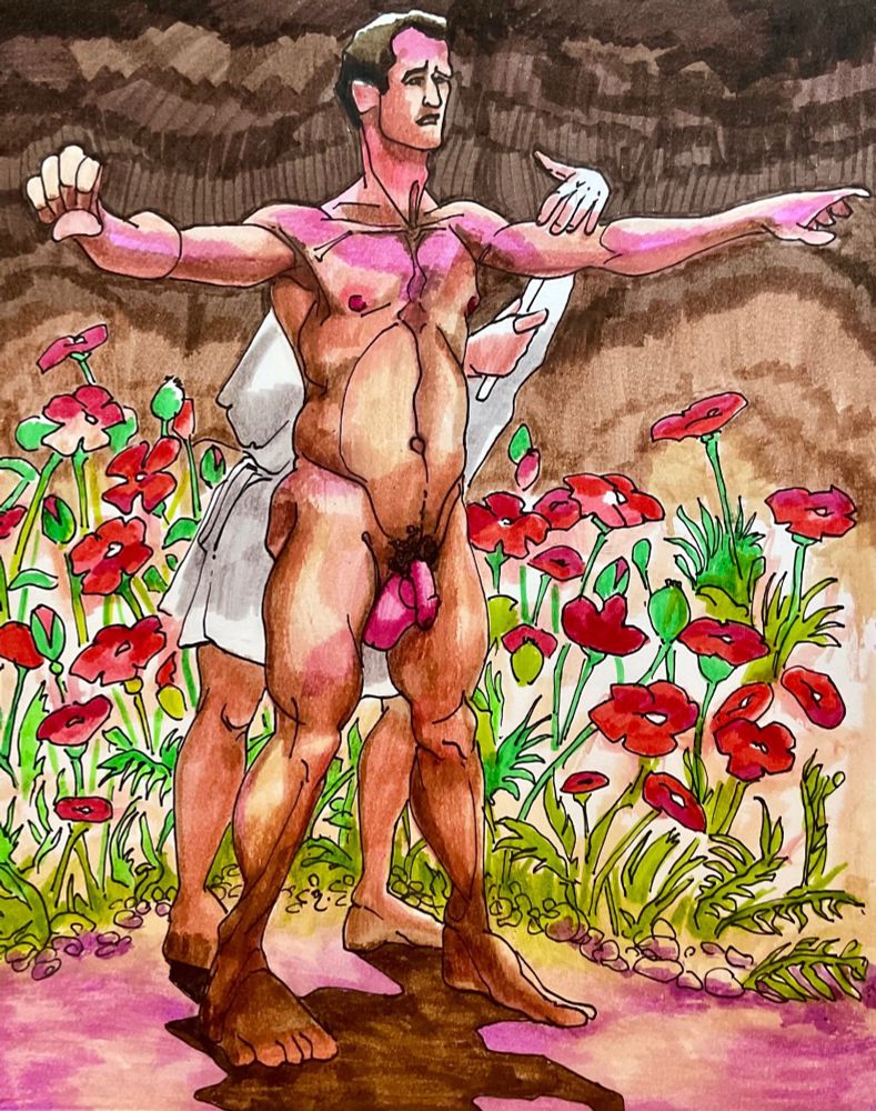 Marker drawing of naked gay man standing in a field of flowers, feet spread and arms outstretched as another person in a white robe is behind him wiping him off. Art by: @jackalchemise.bsky.social #gaymaleart #LGBTQart #malefigure #maleform #figurativeart #eroticart