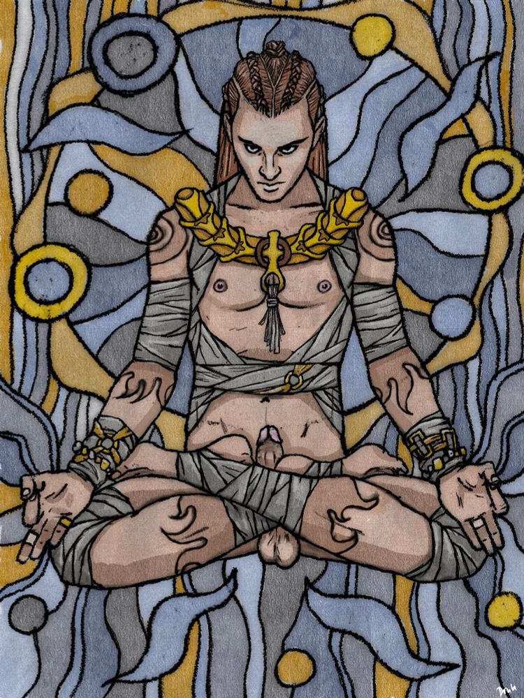 Drawing of a naked gay man with long, braided hair, seated with his legs crossed, his penis erect behind his feet, and his hands in a meditative pose. 
Art by: @artzeefartzee.bsky.social

#gaymaleart #LGBTQart #malefigure #maleform  #figurativeart #eroticart