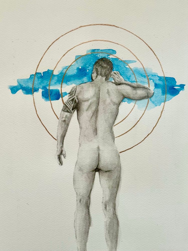 Pencil drawing of the backside of a naked gay man, three golden circles emanate from him like halos. Blue watercolor sky is behind him. 
Art by: @geoschris.bsky.social

#gaymaleart #LGBTQart #malefigure #maleform  #figurativeart #eroticart