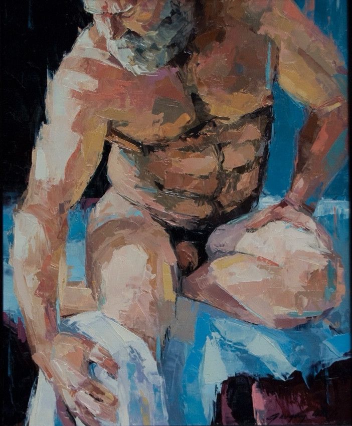 Painting of a bearded gay man seated and bent forward, perhaps drying off with a towel.
Art by: @gregorylittle.bsky.social

#gaymaleart #LGBTQart #malefigure #maleform  #figurativeart #eroticart