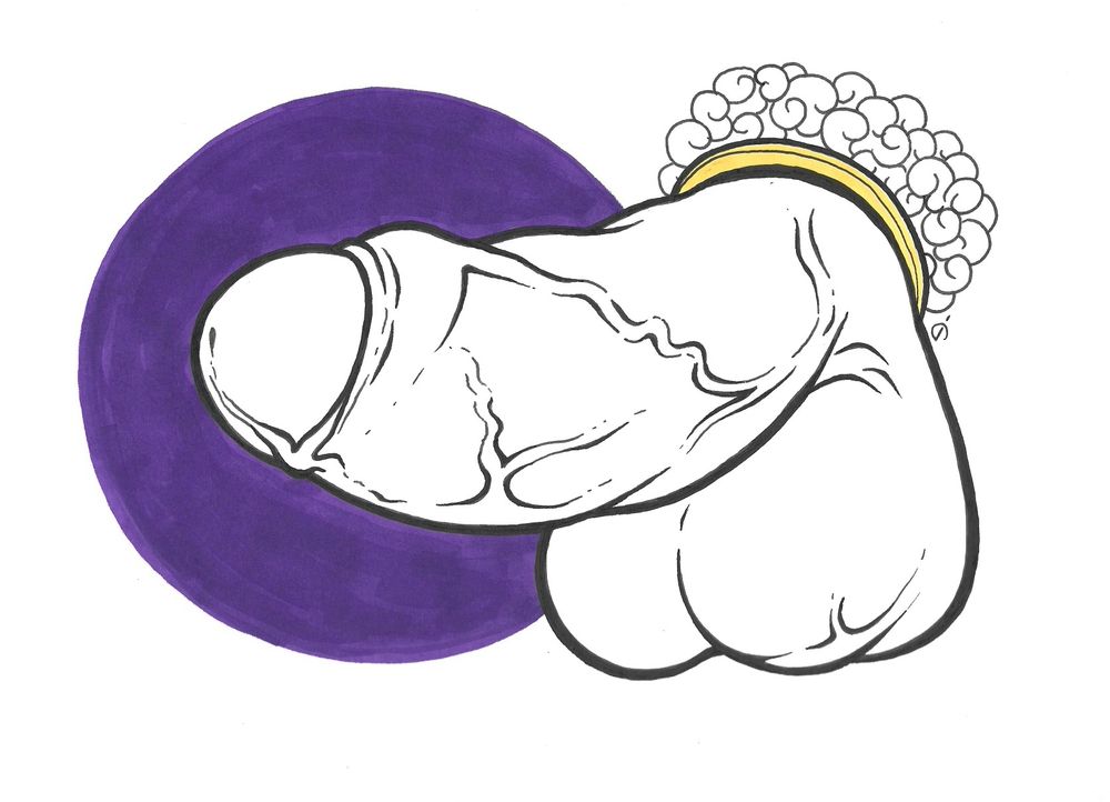 Ink drawing of a gay dick and balls with a yellow cockring and a purple circle in the background. 