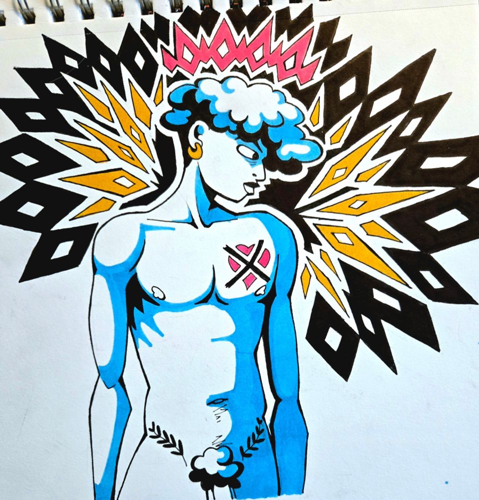 Ink drawing of a naked gay man in blue looking off to the side, with a spikey, triangular geometric pattern bursting in the background. 
Art by: @utterlyoscar.bsky.social

#gaymaleart #LGBTQart #malefigure #maleform  #figurativeart #eroticart