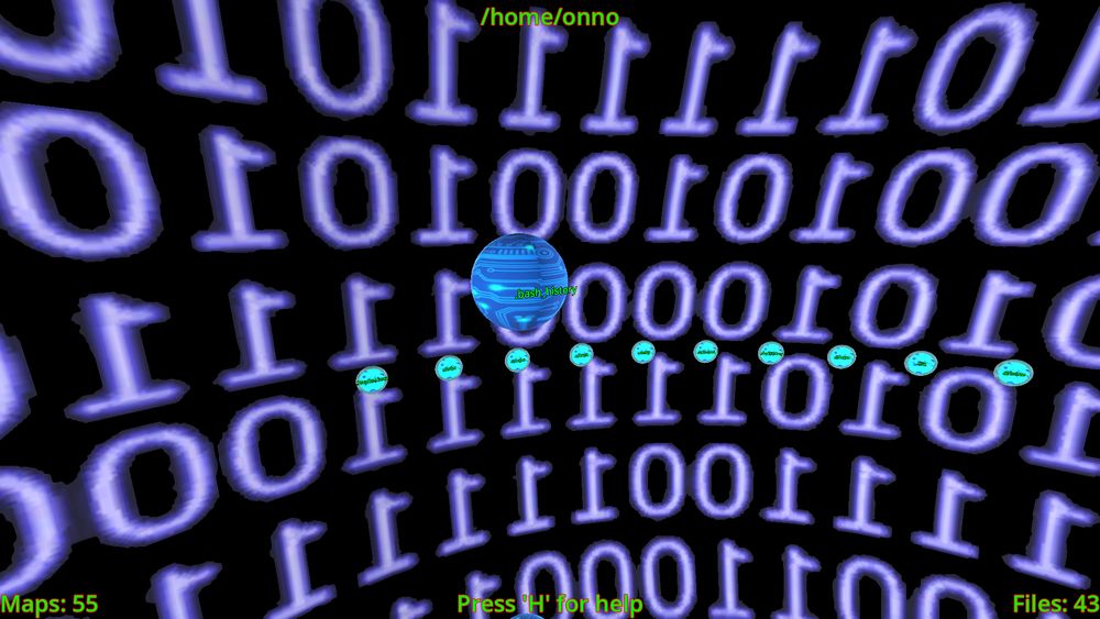 Screenshot of a first-person file explorer:
You are floating in a large globe with a matrix-like surface
In front of you is a blue gole representing a file, its name floating in front of it

At the rim of the outer globe are light-blue gates visible that allow entry into other maps