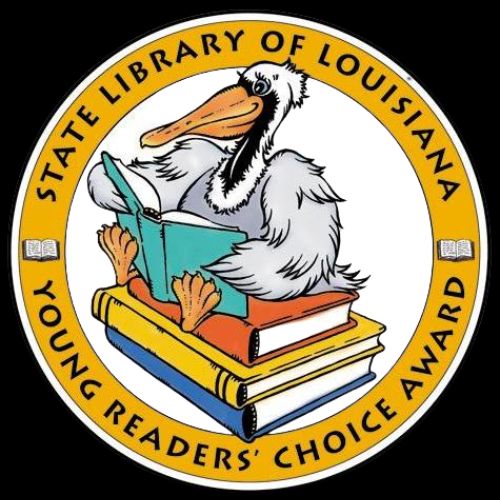 The award seal for the Louisiana Young Readers' Choice Awards. A circle design with a gold border surrounding a pelican perched on a stack of books reading another book.