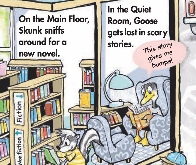 Bit of art from children's book Construction Crews Build Big! by R.W. Alley showing a goose sitting in a library reading. The goose's speech balloon says "This story gives me bumps."