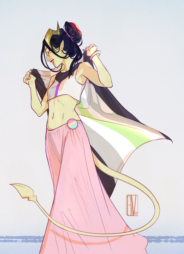 a lineart, cell shaded drawing of Fley (OC), a tiefling with pale green skin, long black hair tied in a messy bun. They wear a breezy pink skirt and a tank top in the colors of the demisexual flag. On their hip is pinned a pansexual badge, and they are smiling while holding on their back an Agender flag that flutters in the wind.