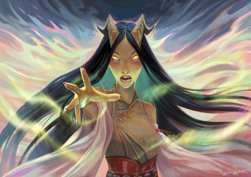 an illustration of a tiefling casting a spell directly at the viewer. Their hand is outstretched and their eyes glow golden, as their long hair are swept around with the flow of magic. 