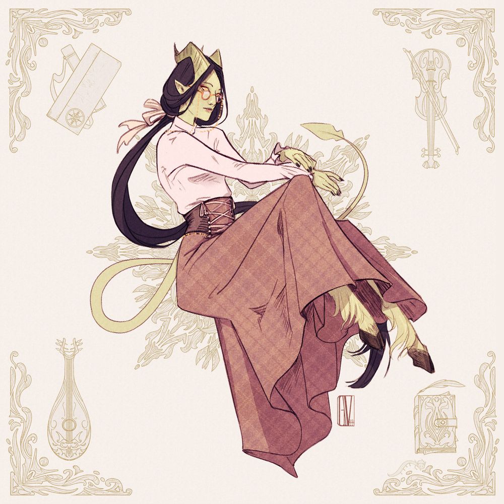 lineart drawing in sepia tones of Fley, a green skinned tiefling with delicate features, long dark hair kept in a low ponytail. They're wearing a turtleneck white shirt and a long brown skirt, daintly sitting on an invisible surface. The picture is framed by stylized drawings of a violin, a lute, a map scroll and a journal. 