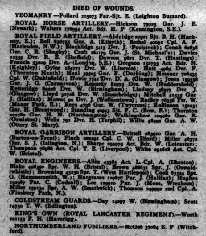 Extract from War Office, Weekly Casualty List, 18 September 1917, p16; via British Newspaper Archive
