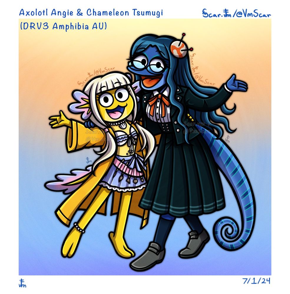 Angie and Tsumugi updated redesigns! Angie is now an axolotl and Tsumugi is now a chameleon pretending to be a newt.
