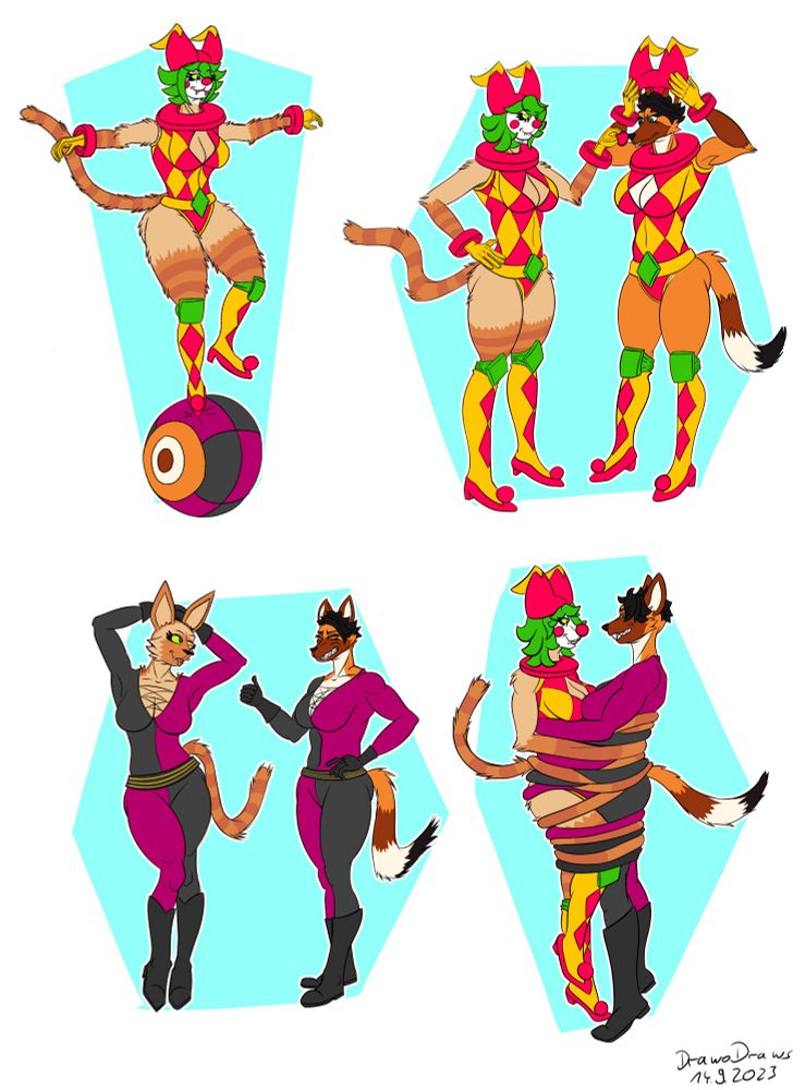 Taffy the clown and Jesse the maned wolf meet, swap clothes and get stretchy
