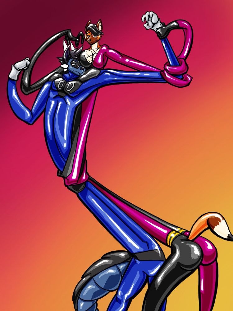 Ductiledragon, an elastic superhero, tries to flex his muscles, but his friend Jesse interrups him and stretches his body while shoving her tits in his face.