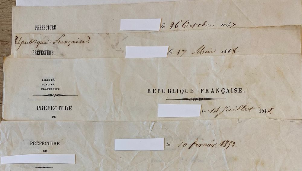 Lettres avec en-tête préfecture
1847 : simple intitulé imprimé « préfecture »
Mai 1848 : même en-tête avec annotation manuscrite « République française »
Juillet 1848 : mentions imprimées « République française » et « liberté égalité fraternité »
1853 : simple mention « préfecture »