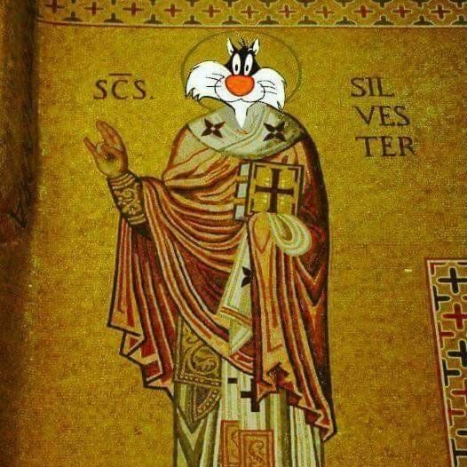 Photographie d’une mosaïque figurant le pape Sylvestre, dont le visage a été retouché pour être remplacé par celui du chat Sylvestre des Looney Toons