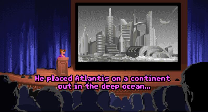 Captures d'écran du jeu Indiana Jones and the Fate of Atlantis : Conférence de Sophia Hapgood sur l'Atlantide