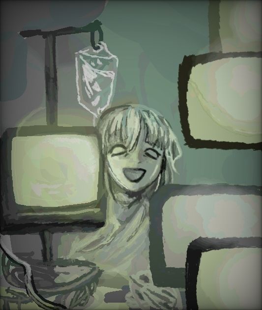 A stylized illustration of a person in a hospital setting, they are crowded by Infusion pumps with big screens and are connected to an IV drip. They have a ghostly appearance and a wide smile, looking directly at the viewer.