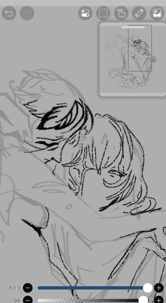 A screenshot of IBISPAINT ( a digital painting app) it's a work in progress drawing of two feminine looking people, one has feather-like hair, embracing the second subject. The second subject looks onward at the viewer.