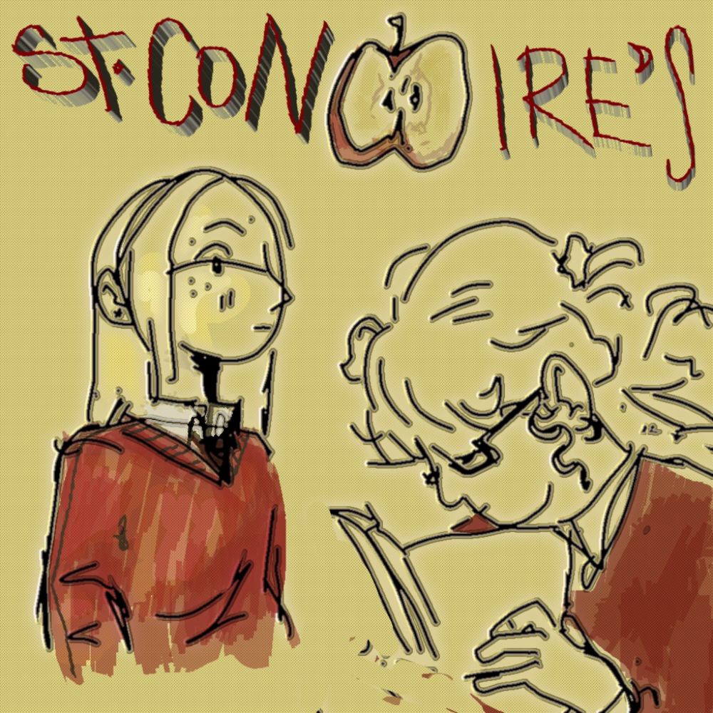 A digital drawing of two people, a girl with long hair and a girl with curly hair wearing glasses, reading a book. The characters are clad in deep red jumpers and the background is a dull yellow.
