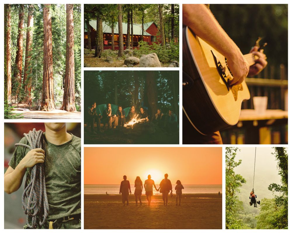 Collage with 7 photos. Top left: a picture of redwood trees with sunlight filtering down. Top middle: a cabin in the middle of the woods with red walls and a green roof and the insides lit up. Top right: someone playing  a guitar with just their hands visible. Bottom right: a person wearing a harness with climbing rope slung over their shoulder, only the person's torso is visible. Center: a group of people sitting around a campfire at night. Bottom middle: The silhouette of five people walking on the beach toward the camera at sunset. Bottom right: someone going on a zipline through a forest.