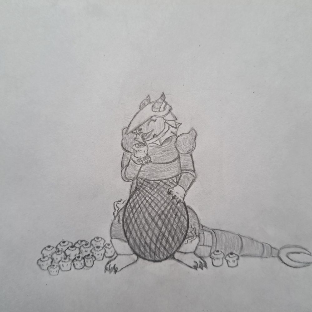 leethemonstrous' OC, a Vaporeon and Absol fusion wearing an Aggron-like armour, stuffing herself with a bunch of cupcakes.