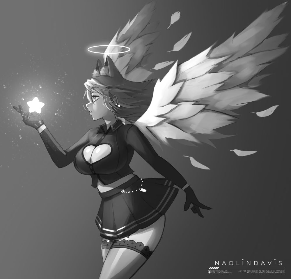 Fem Fergie, wings outstretched holding a small star. The star is shining light over Fergie
