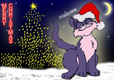 Drawing of grey and white cat, wearing a santa hat. in front of a christmas tree made up of lights.  Cat is saying 'miaauww' which I think is Dutch for 'meow'