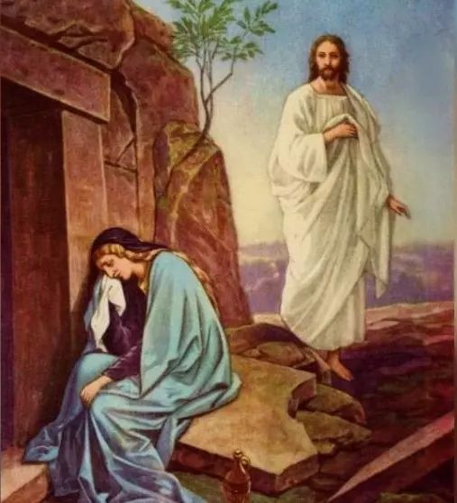 Marie-Madeleine pleure au tombeau du Christ,
alors qu'Il est ressuscité et se tient debout derrière elle.