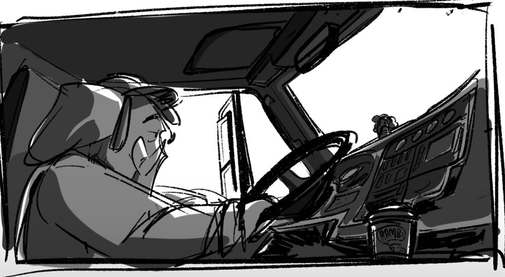 A sketch of an elephant truck driver, he looks out the window tired