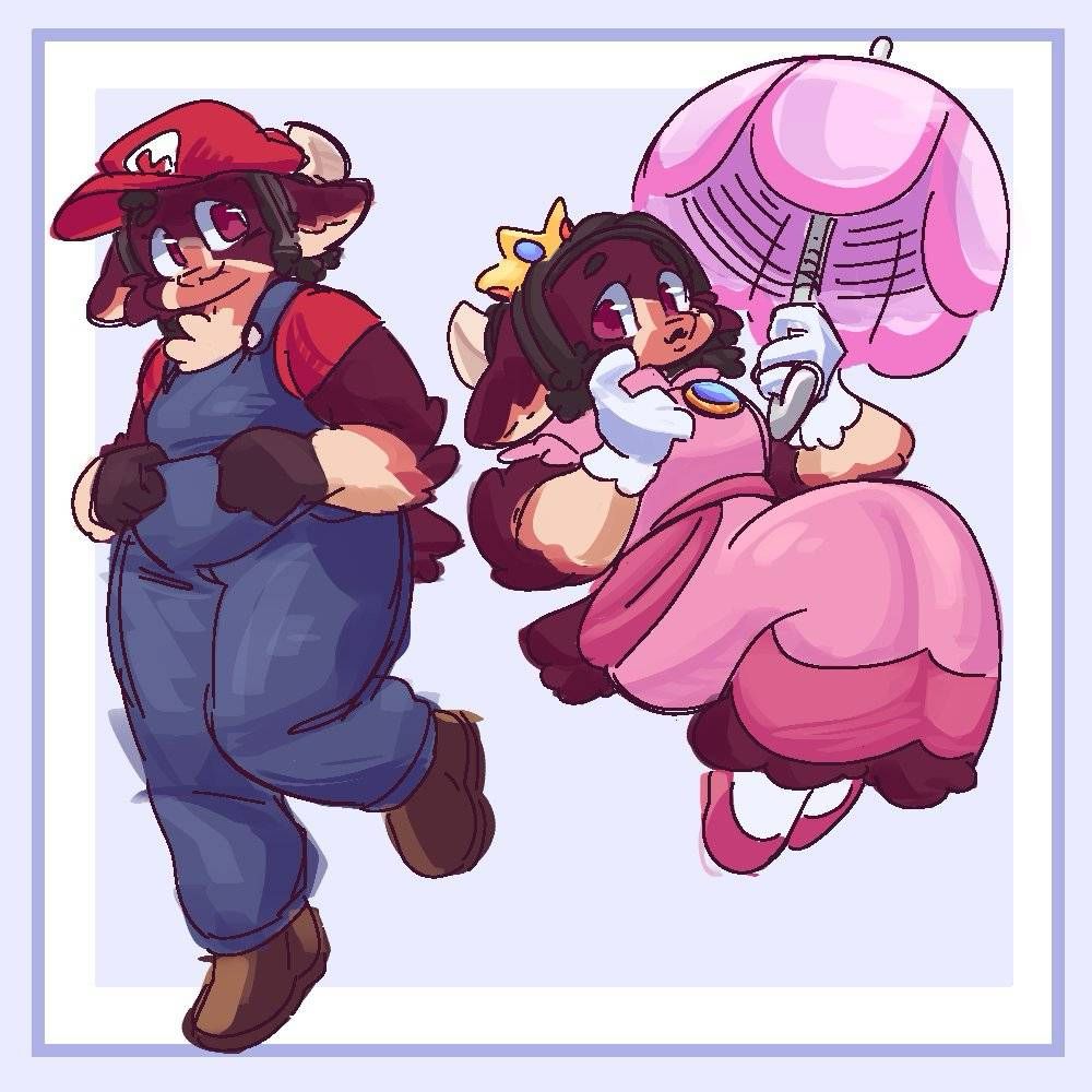 Two illustrations. One of lammy dressed as Mario. The other with her dressed as princess peach, holding a parasol