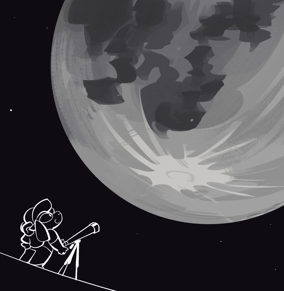 A drawing of a little lamb girl with a telescope. She looks up smiling at the HUGE moon.