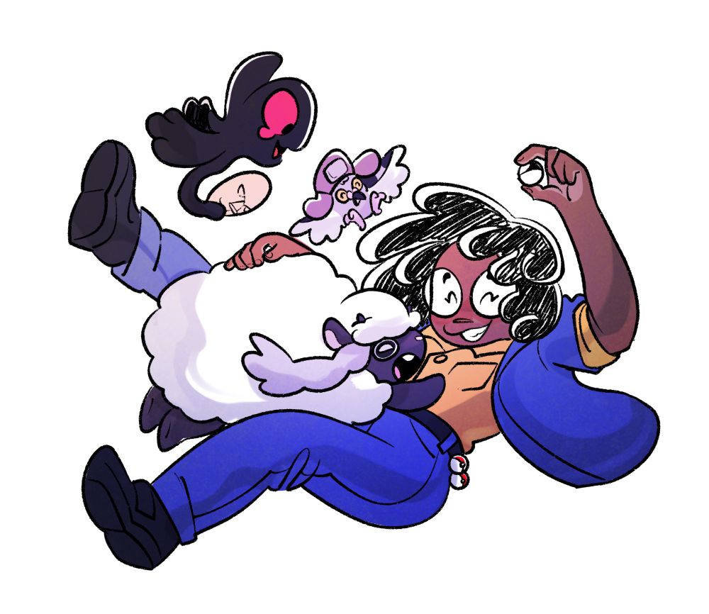 A drawing of me as a pokemon trainer. A dark skinned girl with a yellow shirt and blue jean jacket is getting tackled by a Wooloo. 

A Pidove with a pilot cap and a Yamask both fly above the two, just as excited and jovial.