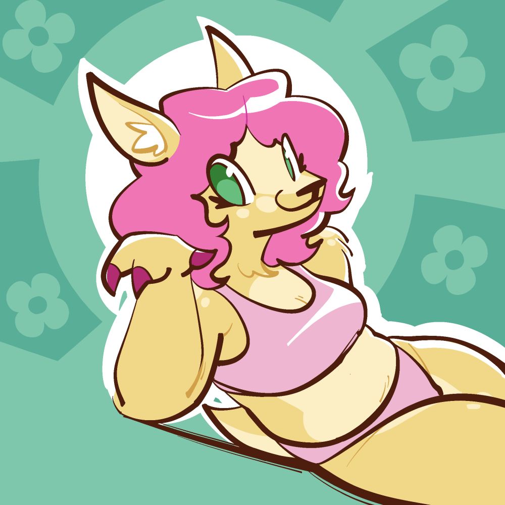 A drawing of an anthropomorphic deer with bright pink hair and a pink bikini laying on her side.