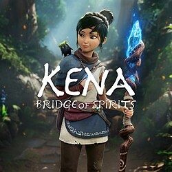 Promotional art for Kena: Bridge Of Spirits. A woman stands in blue and white clothing holding a staff with a glowing crystal at the top. There is a tiny black creature on her should and they are sharing a look. The background is a forest.
