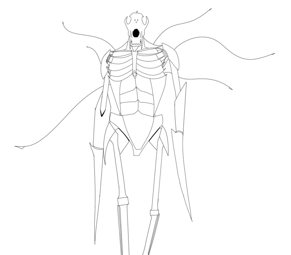 An anthropomorphic wolf robot based of a skeleton with large knives instead of hands and barbed feelers coming from its back