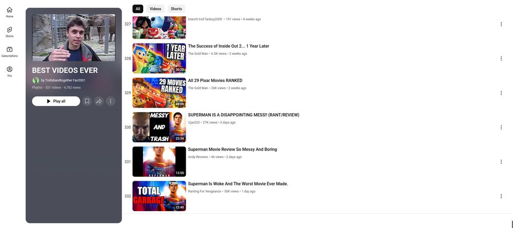 The worst film reviewer of all time TrollsBandTogetherFan2001 putting an anti-woke "review" of the new Superman movie on his "BEST VIDEOS EVER" YouTube playlist