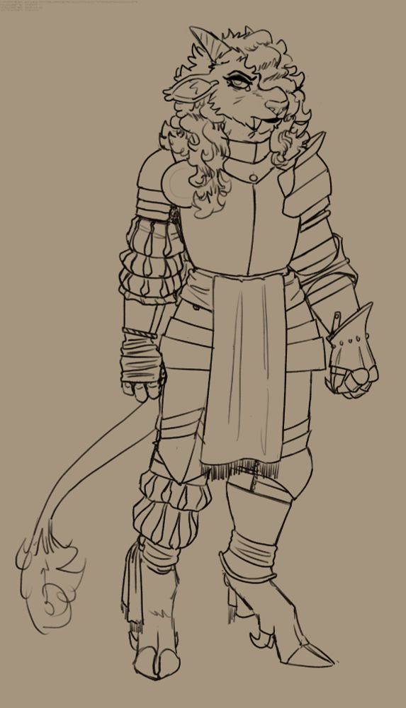 A goaty saber toothed lioness paladin, drawn on a parchment color background with bold linework.