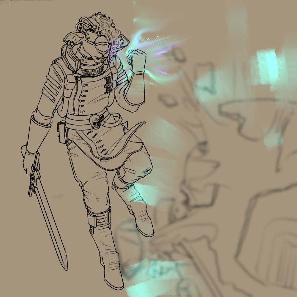 An anthro lamb dressed in an inquisition psyker raiment from Warhammer 40K and holding an obscuris sword, she's performing a dodge while exploding a heretic's head with psychic energy.