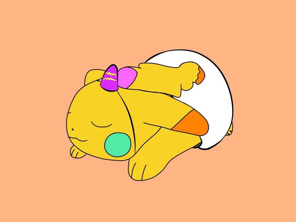 A Pikachu sleeping. She is wearing a party hat and a diaper.